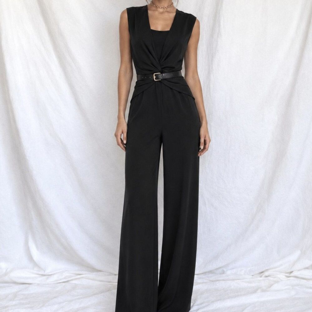 Vintage Y2K 90s Black Sleeveless Knit Pleated Twist Front Pants Jumpsuit Size M